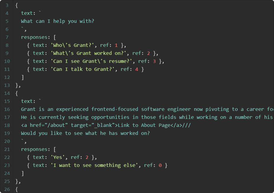 A section of chatbot script in code.