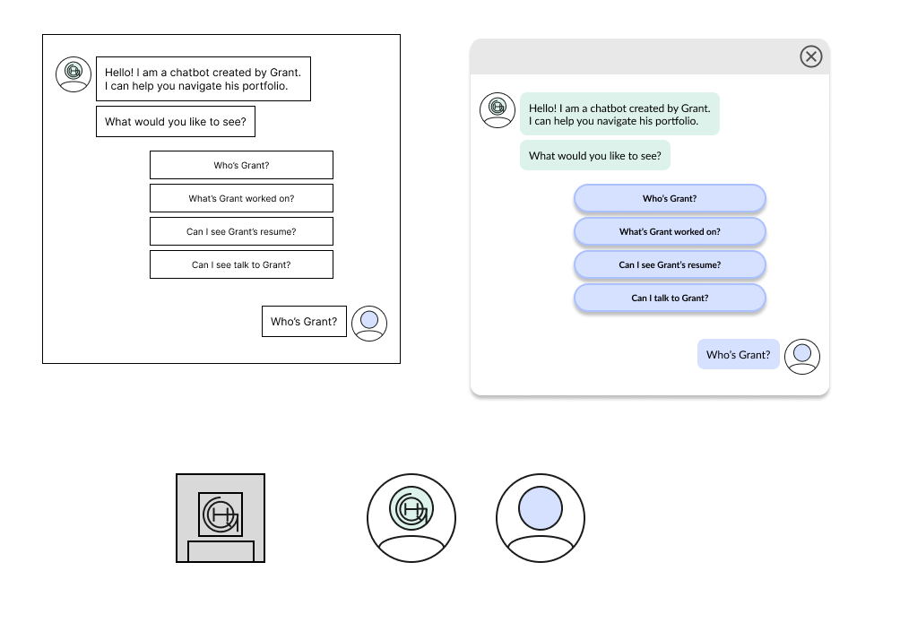 Low-to-mid fidelity wireframes of the chatbot design.